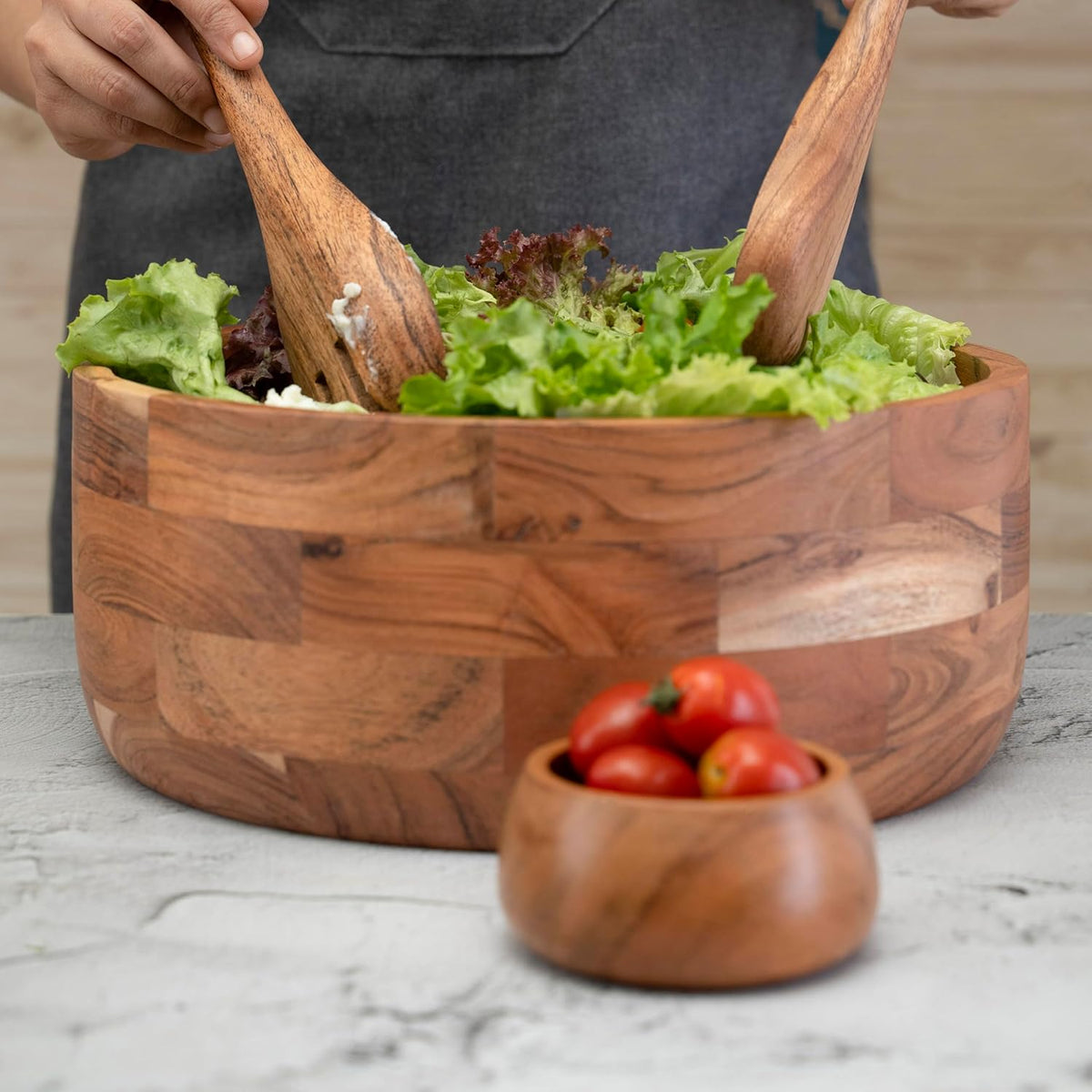 Luxe Designs 12" Wooden Salad Bowl Set with Serving Utensils Eco-Friendly, Multipurpose Mixing &