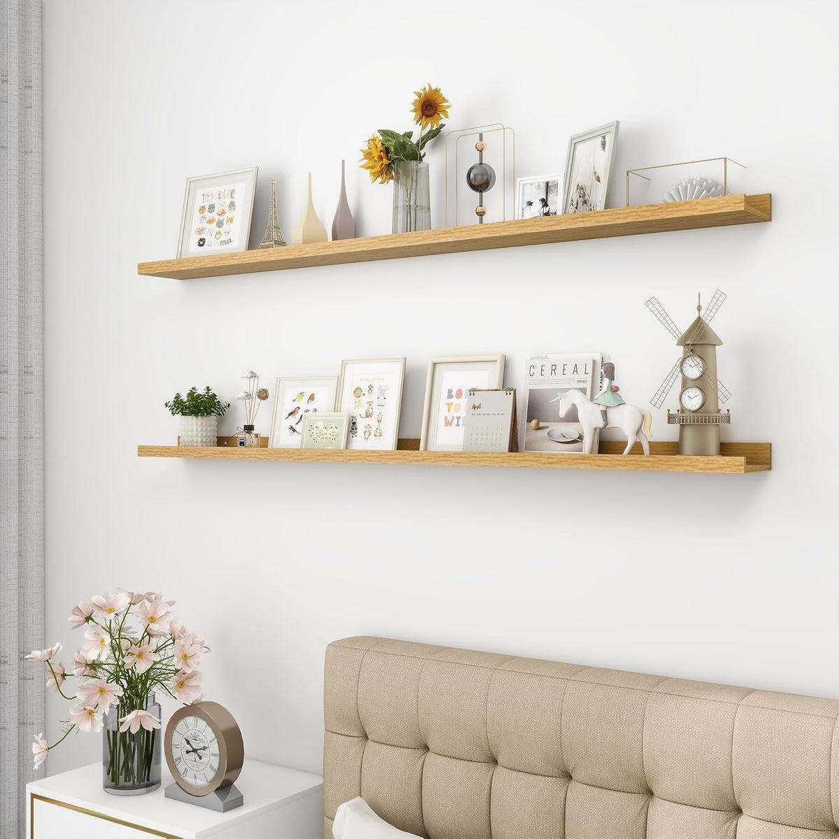 Picture Ledge Shelf, Wood Long Floating Shelves for Wall, Set of 2, 56 inch Picture Ledge Shelves