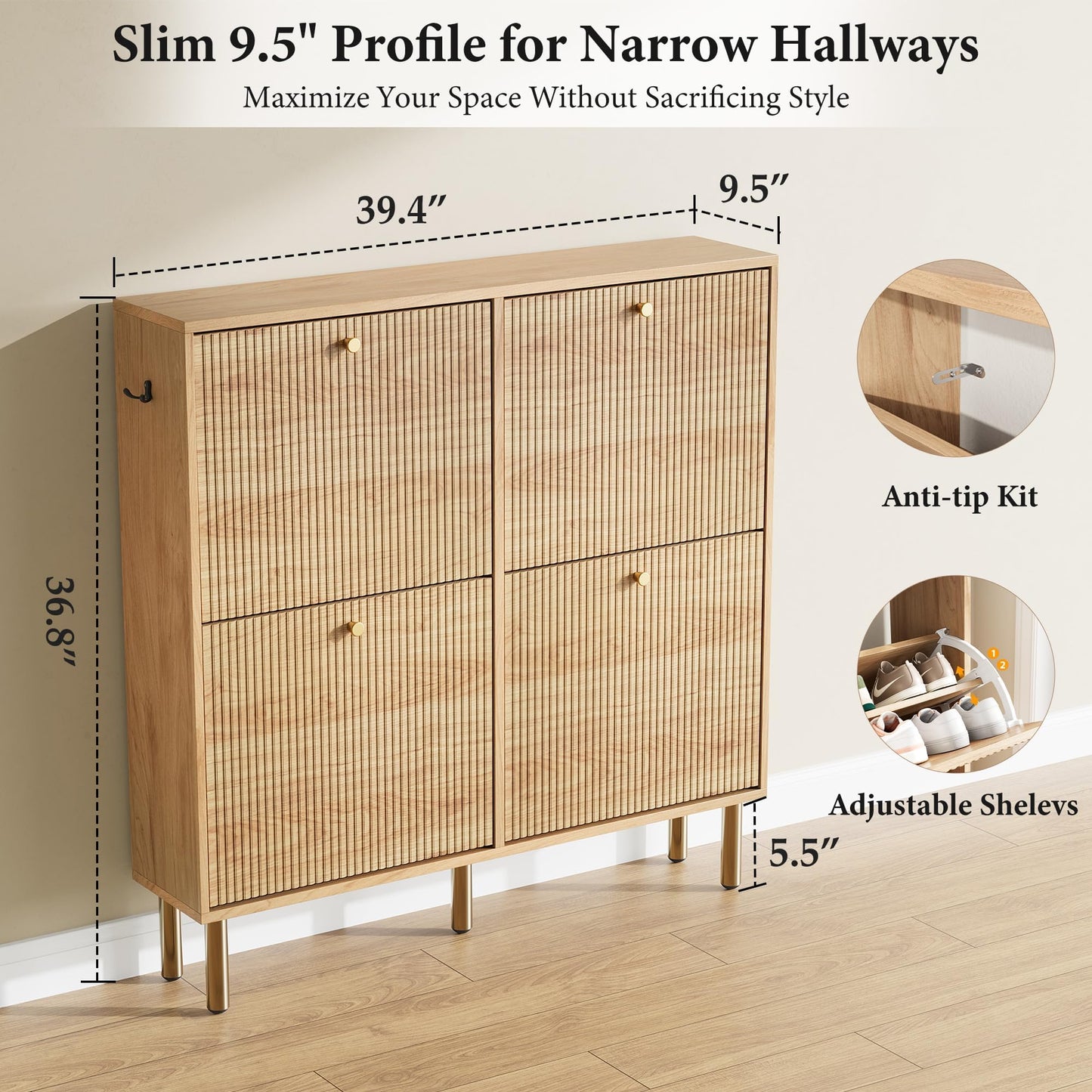 Nicetree Shoe Storage Cabinet for Entryway - Ultra Slim Shoe Cabinet with Tiered Fluted Design