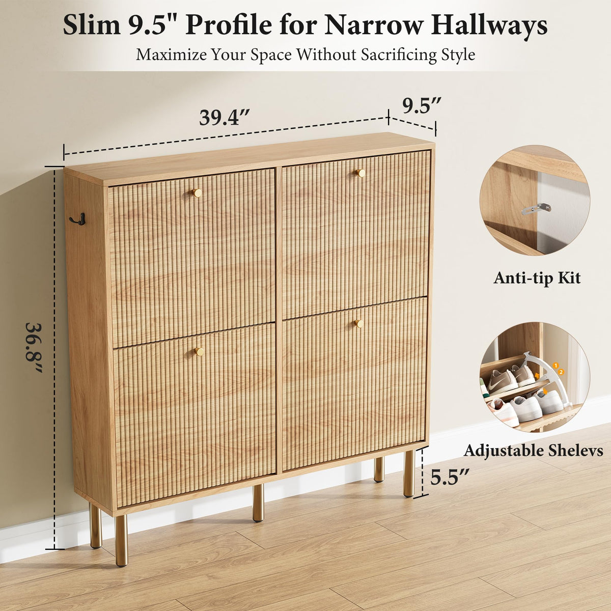 Nicetree Shoe Storage Cabinet for Entryway - Ultra Slim Shoe Cabinet with Tiered Fluted Design