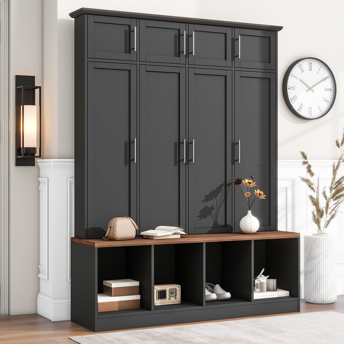 Hall Tree with Bench and Shoe Storage Compartments, Particle Board Multi-Functional Entryway