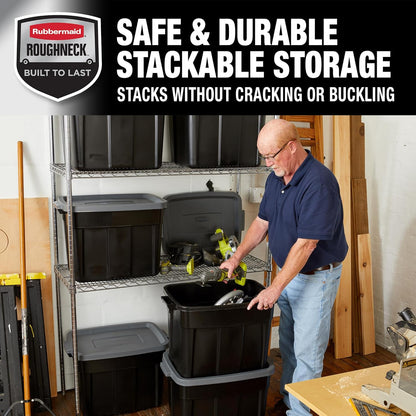 Rubbermaid Roughneck Tote 18 Gal, 6 Pack, Made in USA, Black & Gray, Rugged Plastic Stackable