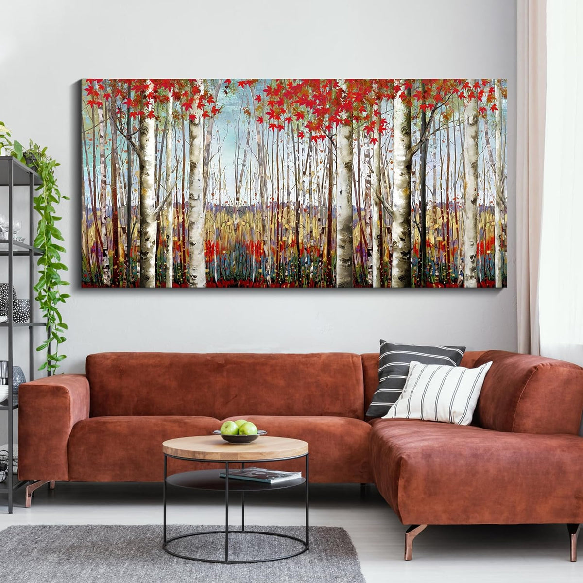 Canvas Wall Art for Living Room Bedroom Modern Wall Decor of Red Leaves White Birch Tree Forest