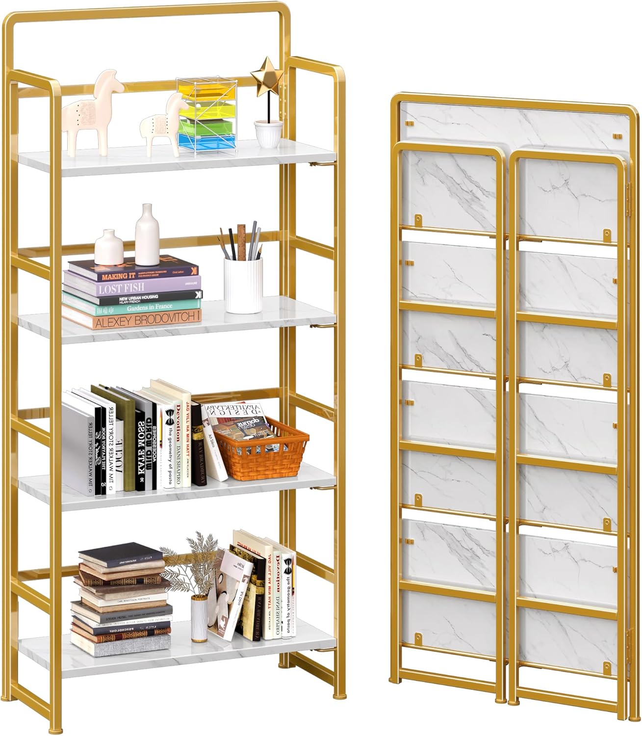 4NM No Assembly Foldable Bookshelf, 4-Shelf Collapsible Bookcase Storage for Small Spaces, 54" H