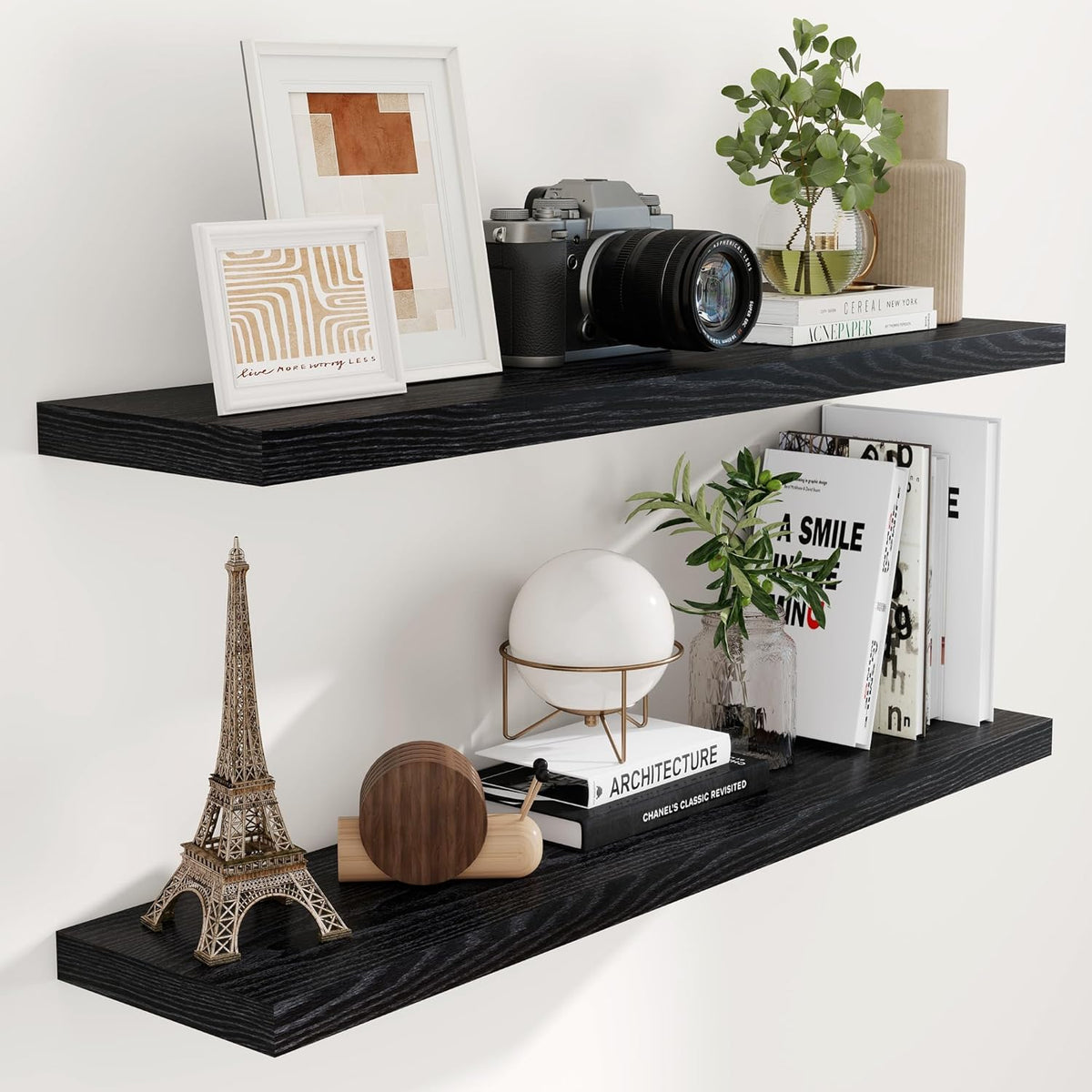 Fun Memories Floating Shelves 48 Inch Set of 2, Black 48 x 9 Wall Shelves for Home Decor Storage
