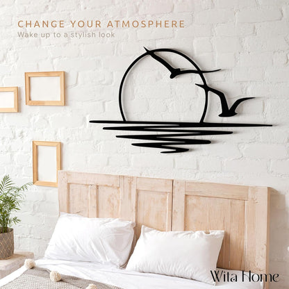 Wita Home Sunset with Seagulls Metal Wall Mounted Art, Handcrafted Metal Home Decor with Static