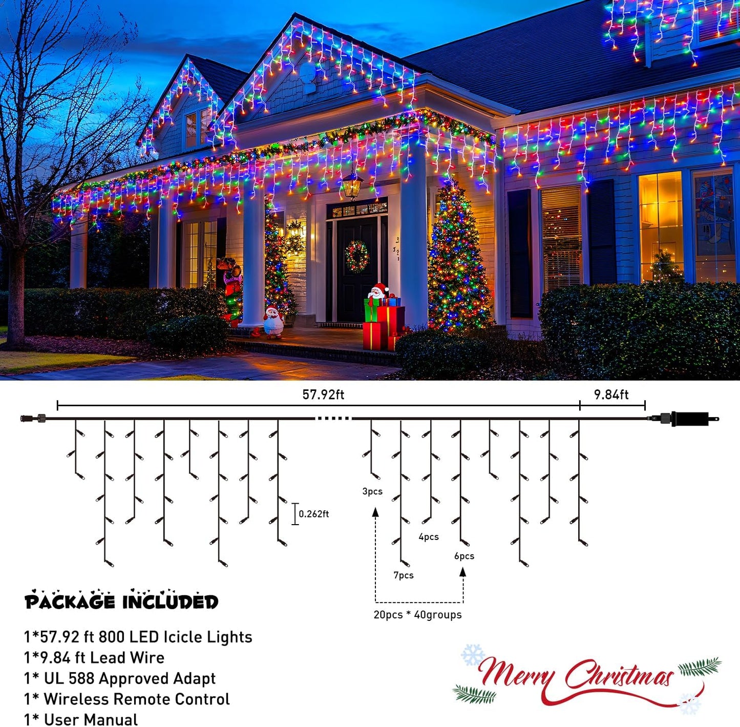 JMEXSUSS 800 LED Christmas Icicle Lights Outdoor Plug-in, Multicolor Waterproof, 8 Modes With 160