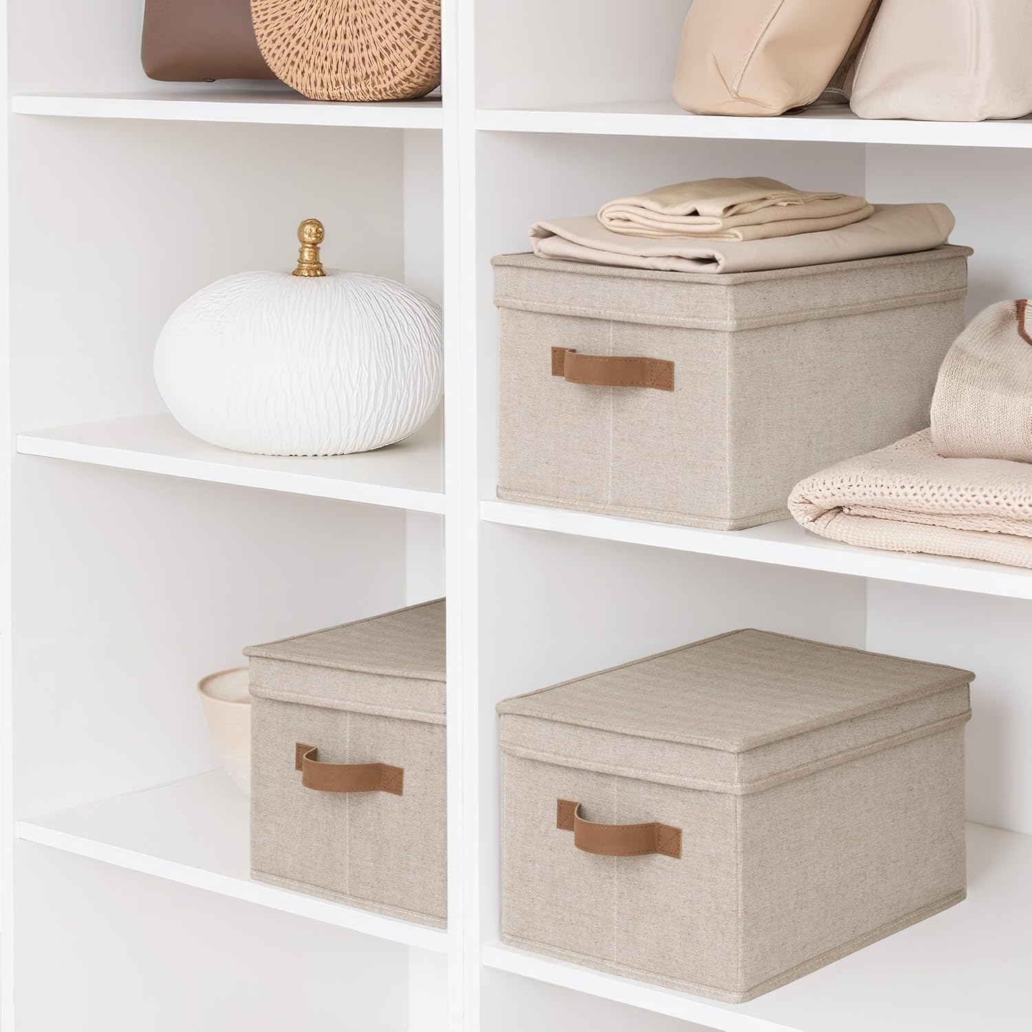 StorageWorks Large Storage Bins with Lids, Decorative Storage Boxes with Lid and PU Handles