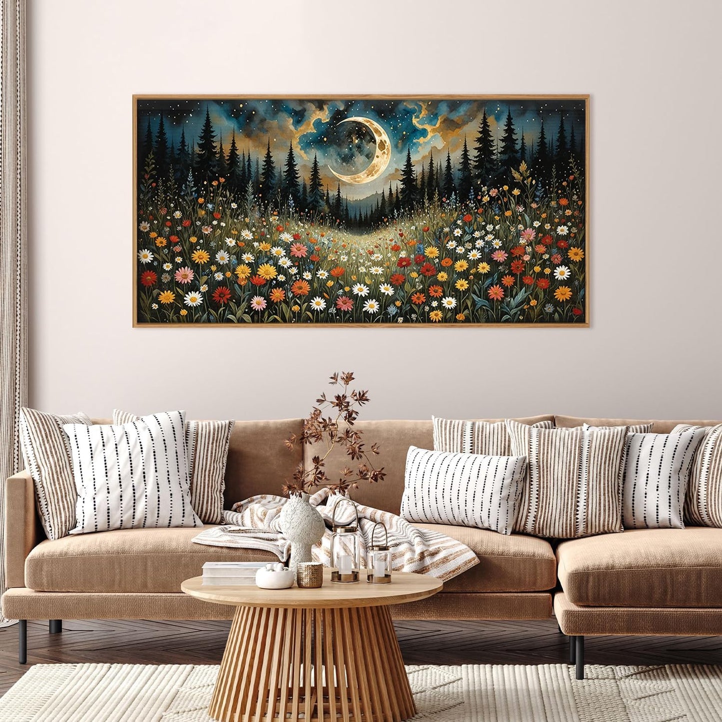 HPINUB Wildflower Moon Pine Tree Framed Canvas Wall Art Set,Nature Forest Wall Decor,Mystical