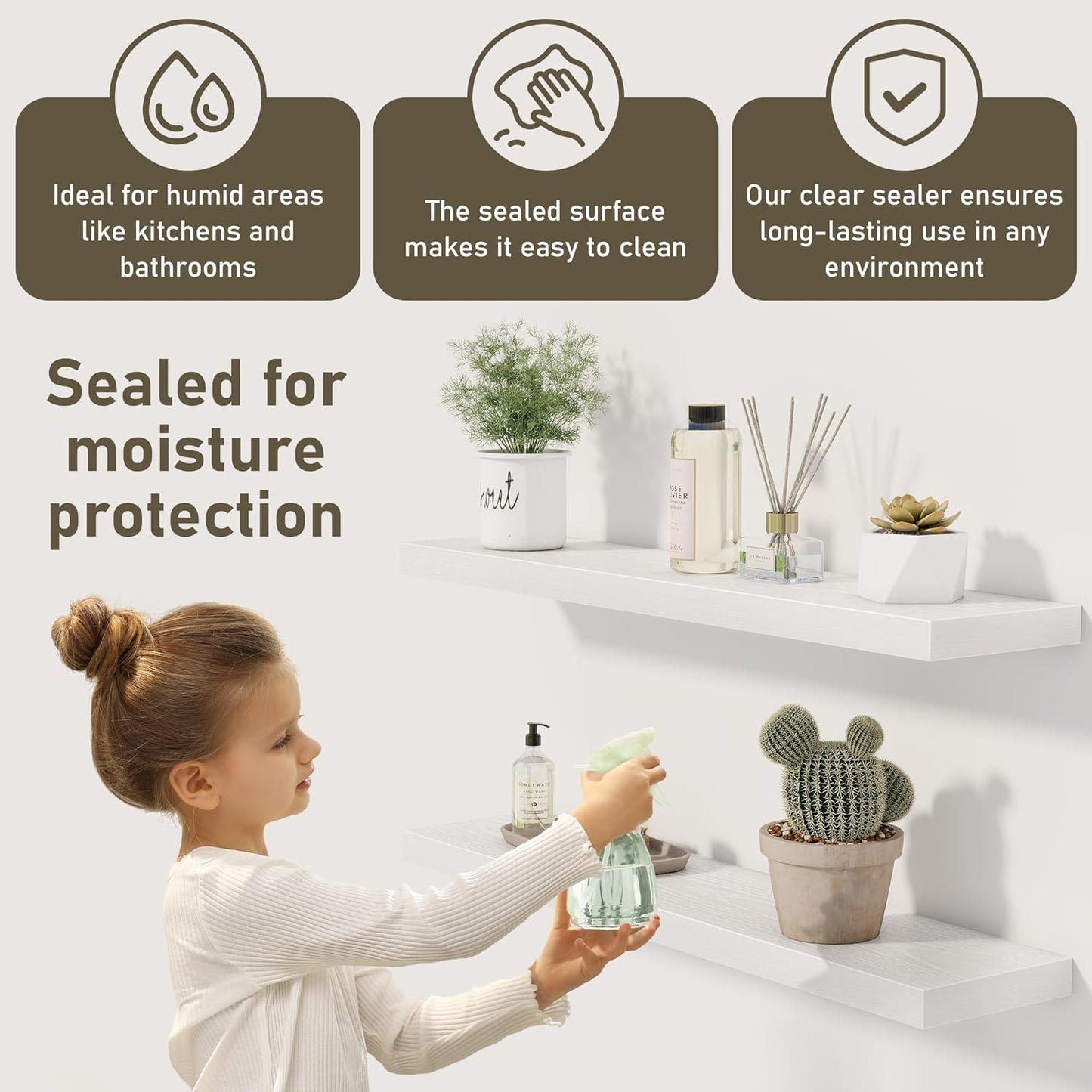 Fun Memories White Floating Shelves 36 Inch Long, Rustic Farmhouse Bathroom Shelves Over Toliet, 36