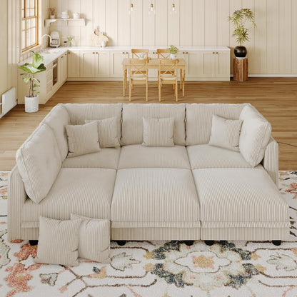 LLappuil Modular Sectional Sofa with Storage, U-Shaped Convertible Sleeper Couch, 6-Seat Oversized