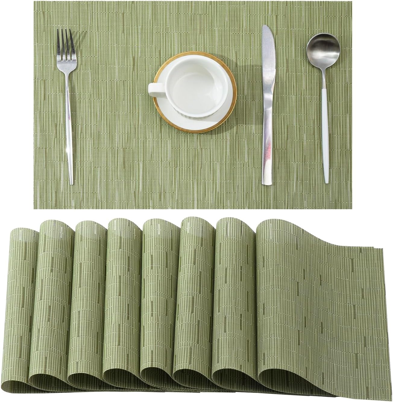 Leetaltree Pea Green Placemats Set of 8 - Heat Resistant Non-Slip Place mats for Dining Table
