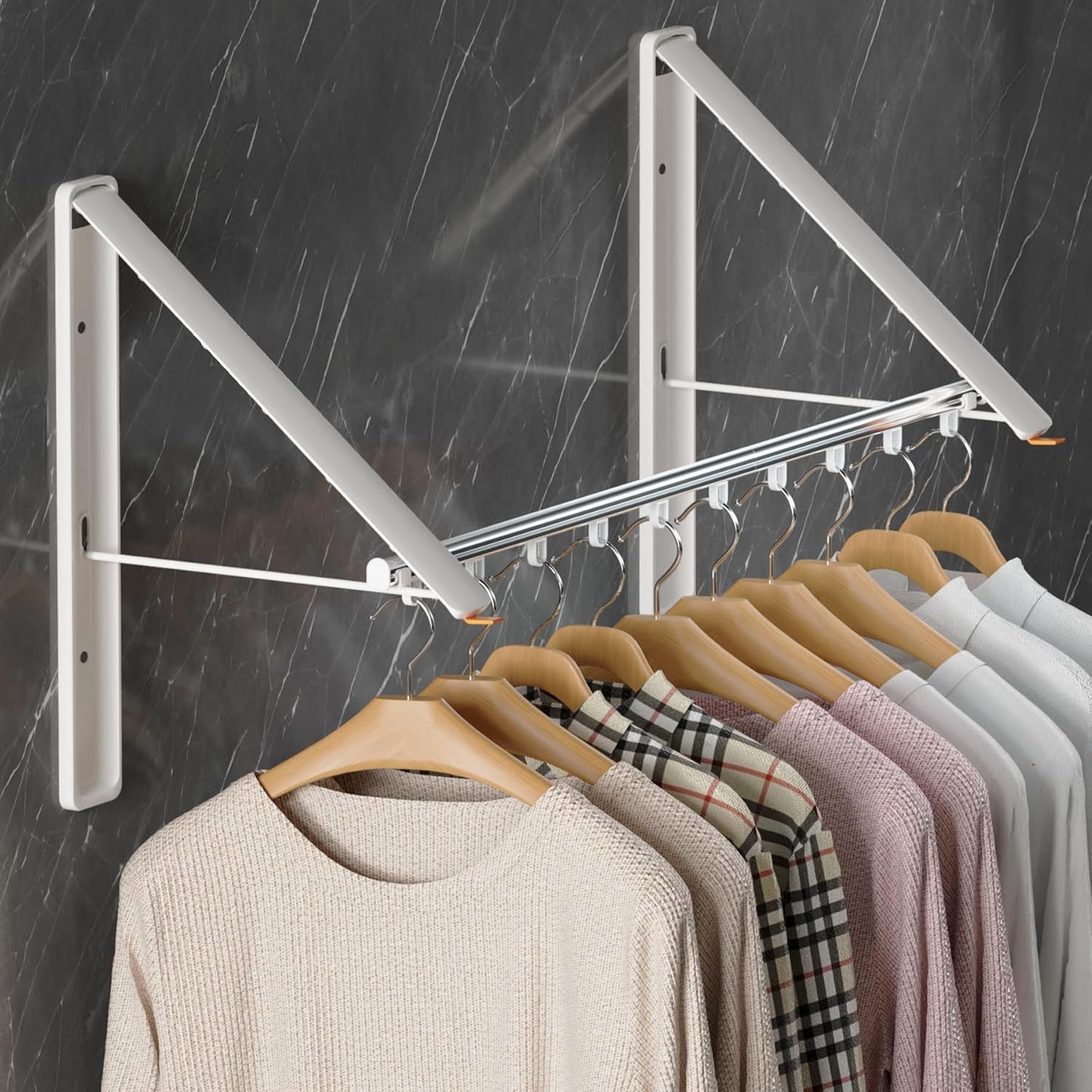Dr.DJ Clothes Drying Rack with Rod, Wall-Mounted Retractable & Foldable Clothes Hanger for Laundry
