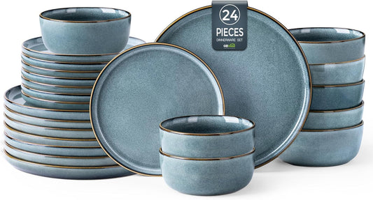 GBHOME Ceramic Dinnerware Sets for 8, 24 Pieces Stoneware Plates and Bowls Sets, Scratch Resistant
