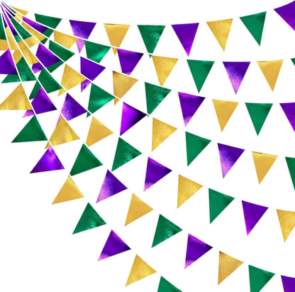 Mardi Gras Party Decorations Purple Green and Gold Metallic Fabric Triangle Pennant Banner Flag