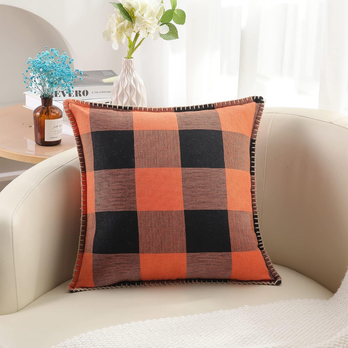 decorUhome Fall Orange and Black Decorative Throw Pillow Covers 22x22 Set of 2, Buffalo Plaid Check