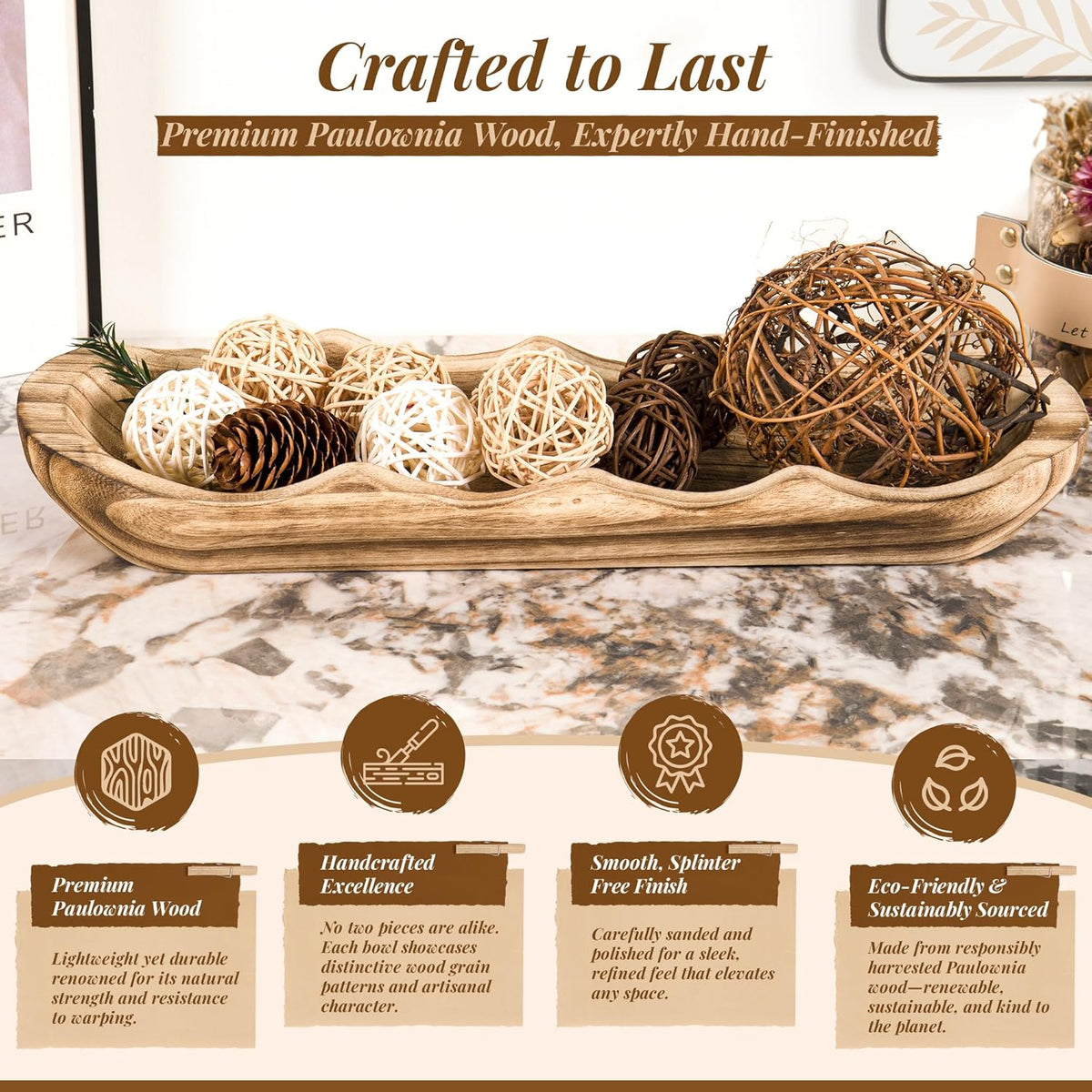 Wavy Edge Wooden Dough Bowl for Decor 16"L Lightweight Paulownia Wood Hand Carved Decorative Wooden