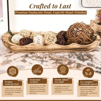 Wavy Edge Wooden Dough Bowl for Decor 16"L Lightweight Paulownia Wood Hand Carved Decorative Wooden