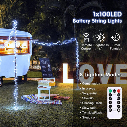 JMEXSUSS White Battery Operated String Lights Outdoor Waterproof, 33ft 100 LED Battery Power
