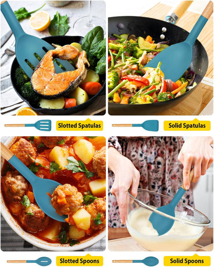 Pack of 4 Silicone Cooking Utensils Set, Non Stick Solid Spatulas and Heat Resistant Slotted Spoons