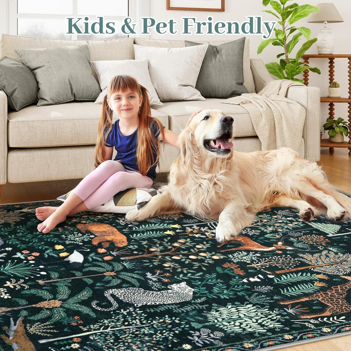 OJIA Jungle Print 5x7 Area Rugs for Living Room, Green Soft Washable Rugs for Bedroom Ultra-Thin