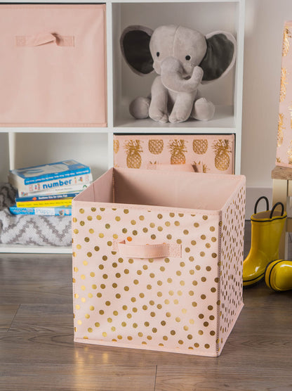 DII Woven Polyester Storage Bin, Polka Dot, Pink & Gold, Small Set of 2