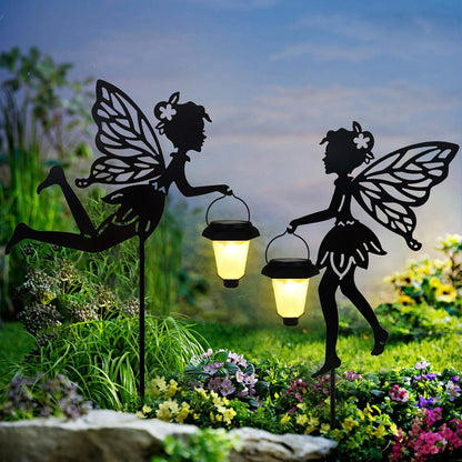 Solar Fairy Garden Stake Decorative Lantern, 2 Pack Metal Fairy Angel Garden Silhouette Lights for