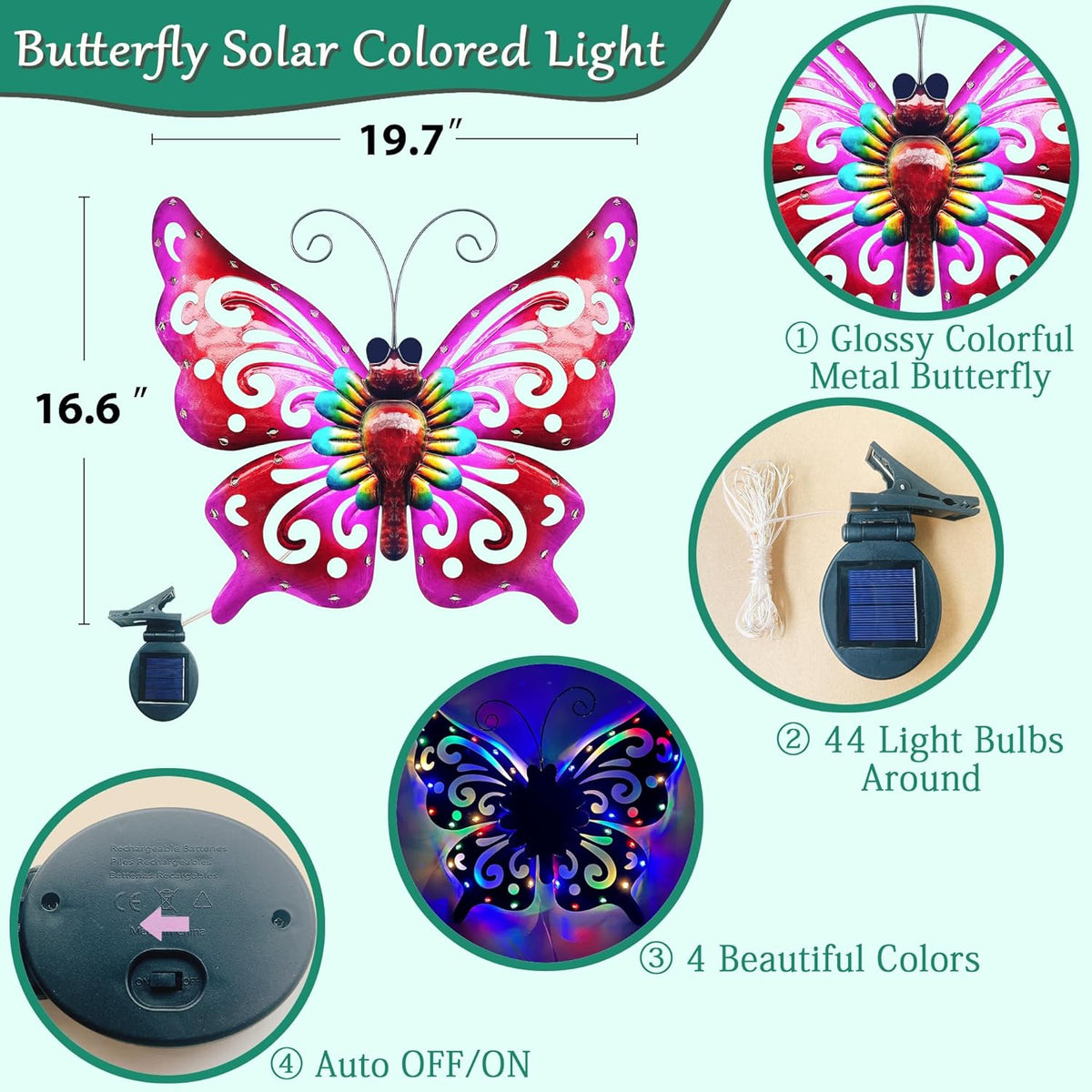 Solar Garden Light, Metal Butterfly Wall Art, 19" Large Hanging Decor for Garden Patio Fences Porch