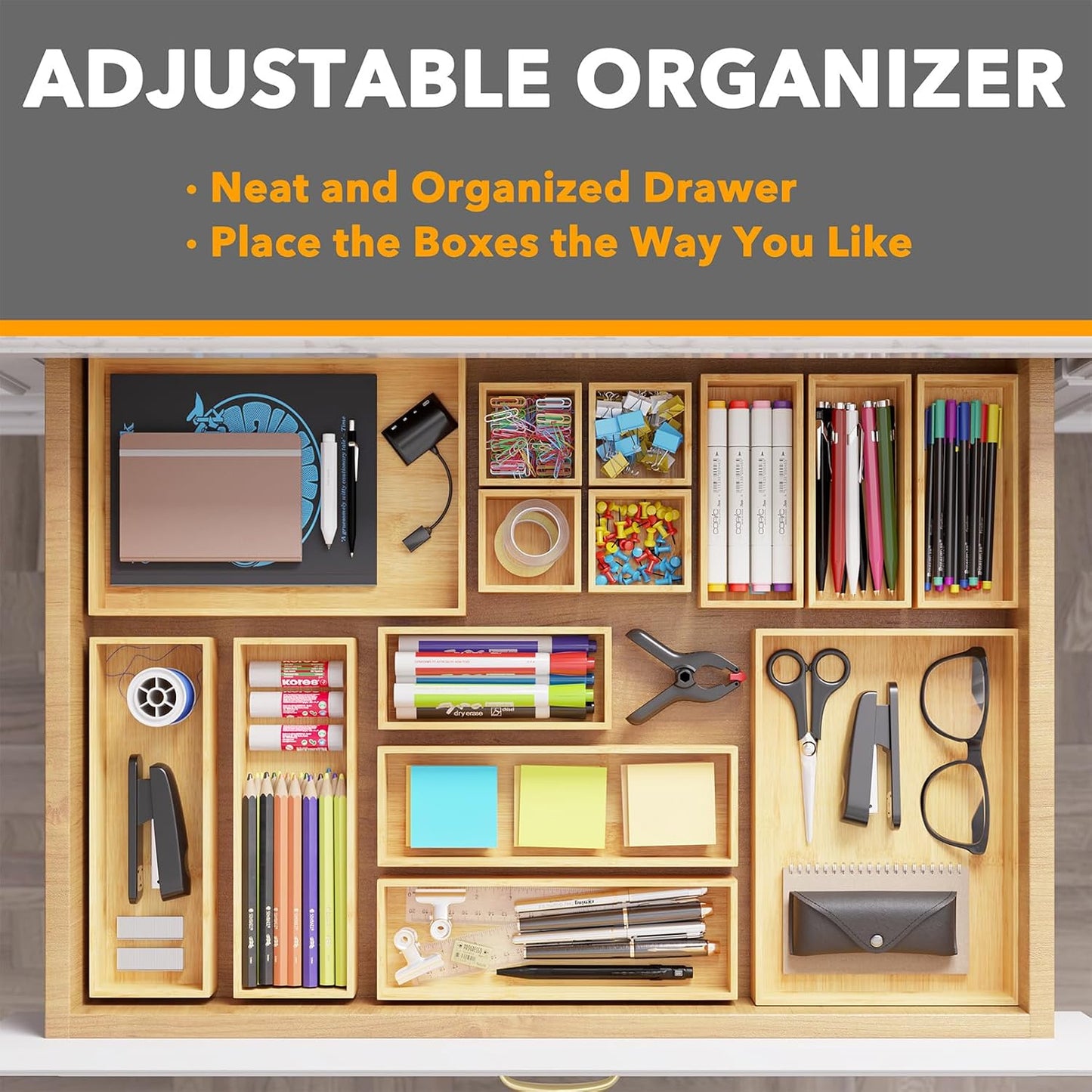 SpaceAid 14-Piece Bamboo Drawer Organizer Storage Boxes Set, Wood Tray Junk Drawer Organizers