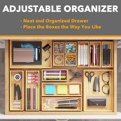 SpaceAid 14-Piece Bamboo Drawer Organizer Storage Boxes Set, Wood Tray Junk Drawer Organizers