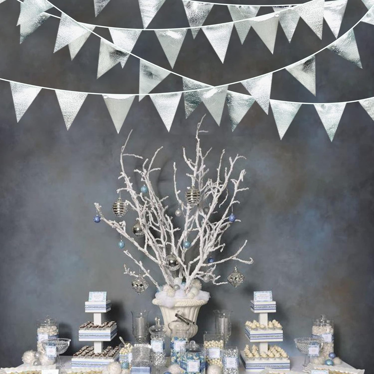 Silver Party Decorations Metallic Fabric Triangle Pennant Banner Silver Flag Bunting Garland for