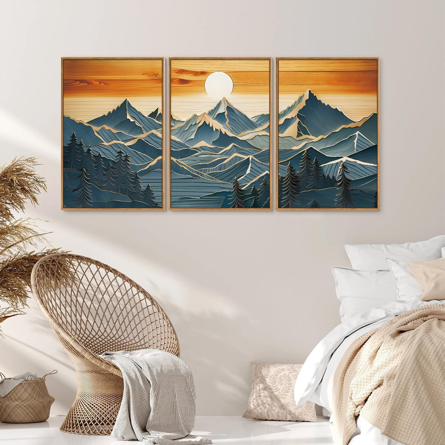 Tinonedraw Metal Mountain Framed Canvas Wall Art, Boho Mountains Artworks, Mid Century Modern Blue