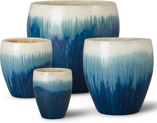 Emissary Home and Garden 13in., 16in., 19in.,23.5in. H Blue Snow Stoneware Round Planters with