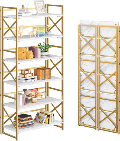 4NM 6 Tiers No Assembly Book Shelves, 61.8" H Folding Bookshelf Bookcase Open Industrial Foldable