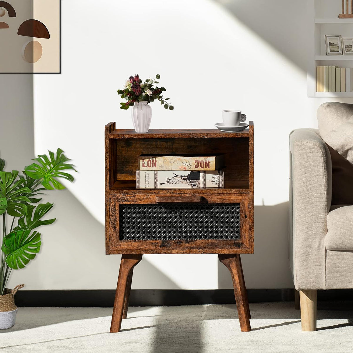 Lerliuo Rattan Nightstand, Boho Side Table with Drawer Open Shelf, Cane Accent Bedside End Table