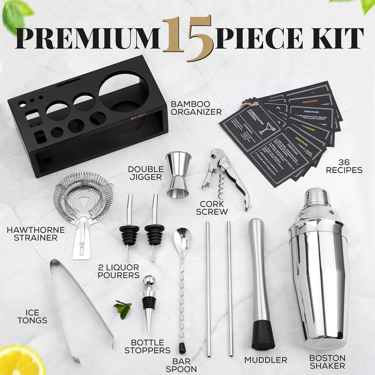 Mixology Bartender Kit with Stand - 15 Piece Bar Tool Set, Silver Bar Set Cocktail Shaker Set for
