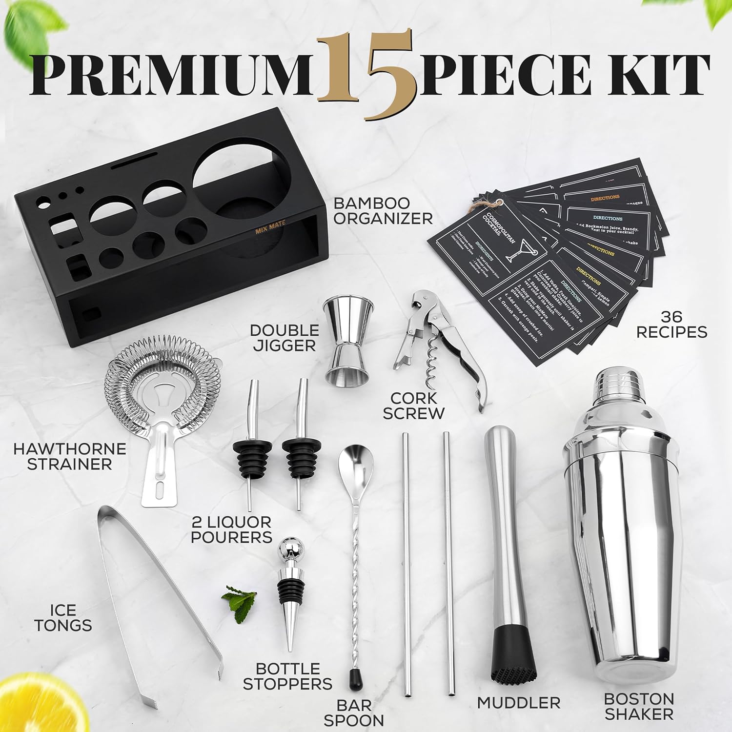 Mixology Bartender Kit with Stand - 15 Piece Bar Tool Set, Silver Bar Set Cocktail Shaker Set for