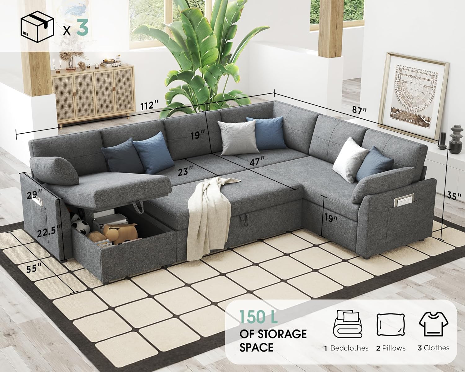 VanAcc Pull Out Sofa, 112 Inch Oversized U Shape Sleeper Sofa Couch with Storage Chaise & 3 Seater