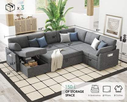VanAcc Pull Out Sofa, 112 Inch Oversized U Shape Sleeper Sofa Couch with Storage Chaise & 3 Seater