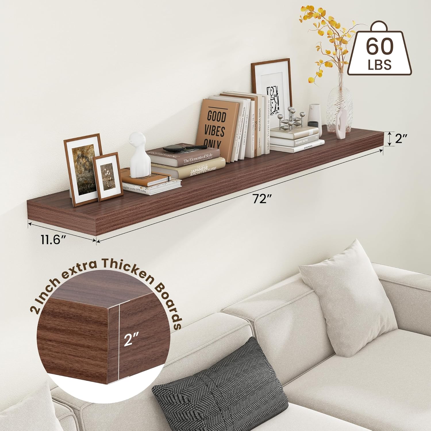 12 Inch Deep Floating Shelves for Wall | 72W x 12D Floating Shelves Set of 1 | Rustic Walnut Long