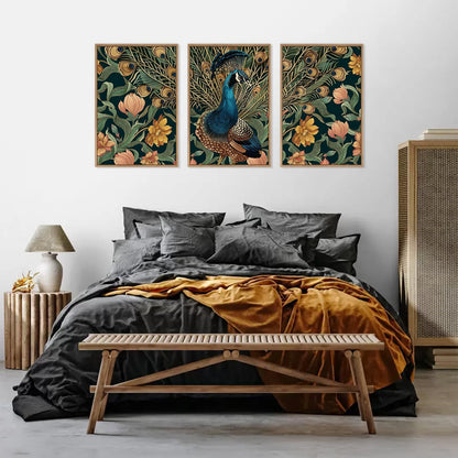 HLNIUC Peacock Framed Canvas Wall Art,Large Peacock Flower Wall Decor Set of 3(16”x24”)Modern