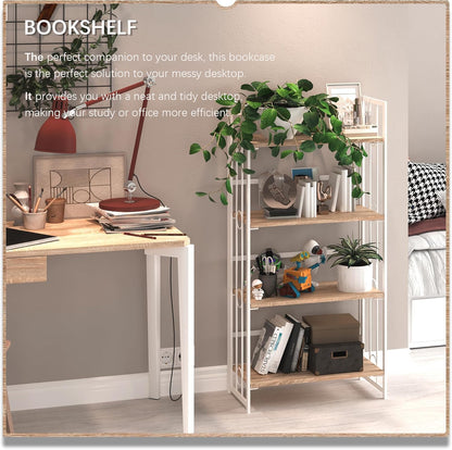 4NM No Assembly 4 Tiers Folding Bookshelf, 47.2" H Foldable Storage Shelves Vintage Bookcase