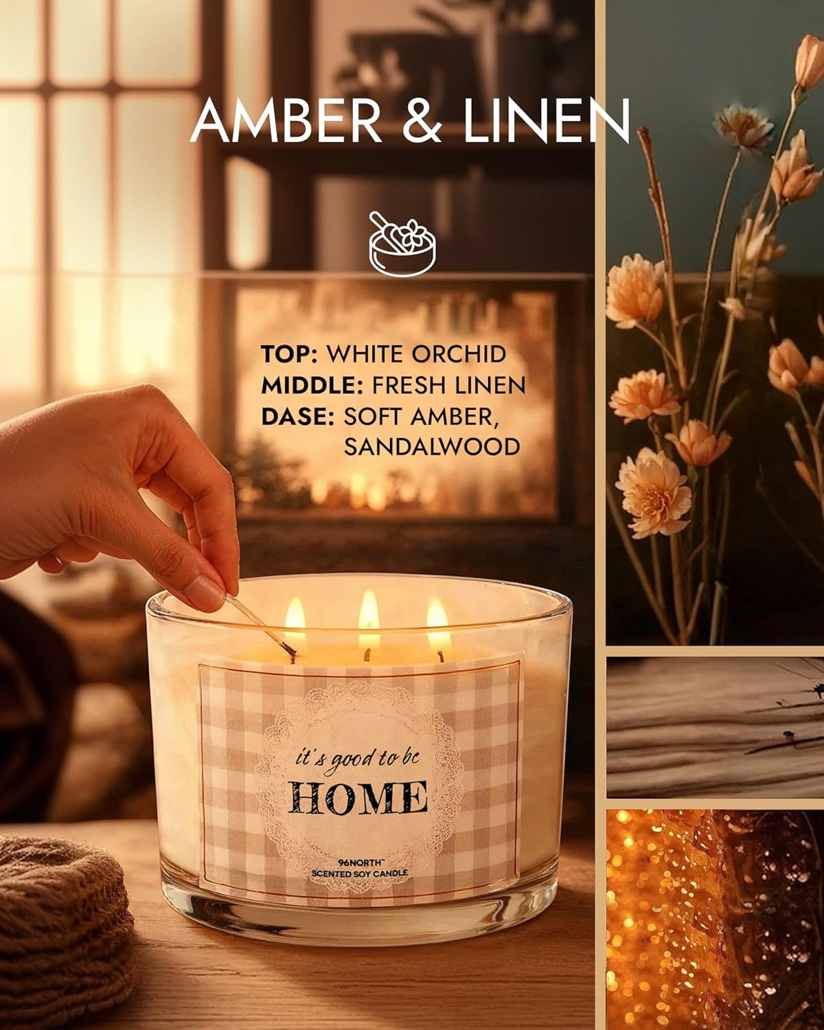 96NORTH Fresh Linen & Soft Amber Candle | Large 3 Wick Jar Candle | 12 Oz Up to 50 Hours Burning