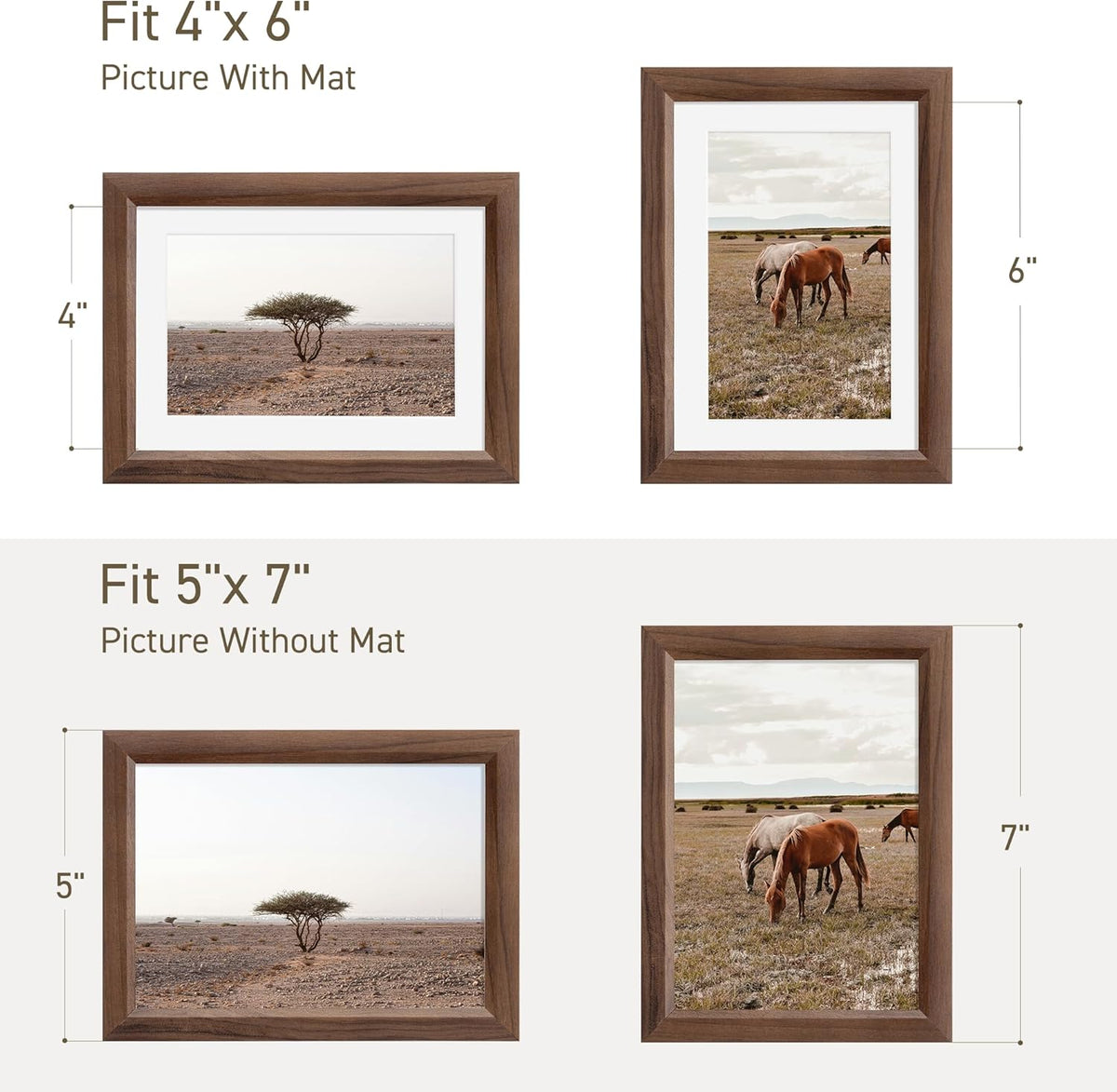 5x7 Picture Frame Natural Solid Walnut Photo Frames with 4x6 Removable Mat Wall Hanging Large