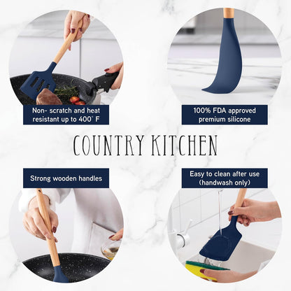 Country Kitchen Non Stick Silicone Utensil Set with Rounded Wood Handles for Cooking and Baking, 14