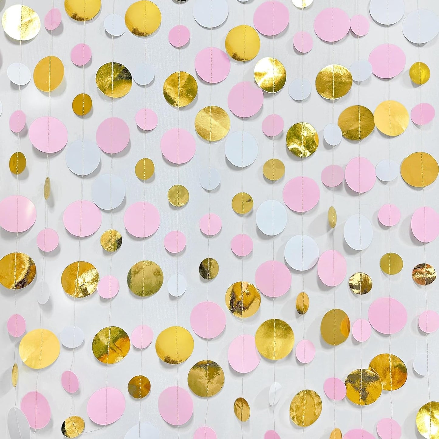 Gold and Pink Party Decorations Circle Dots Garland Metallic Gold Light Pink and White Hanging