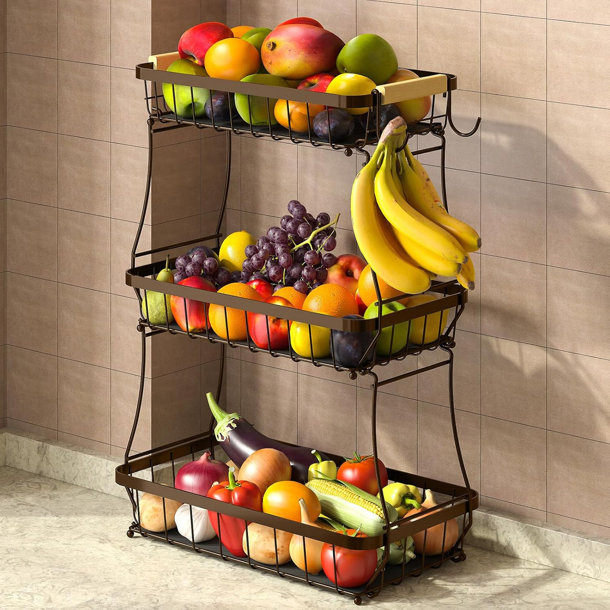 3 Tier Fruit Basket for Kitchen Counter with 2 Mobile Banana Hangers, 2025 Pro Detachable Metal