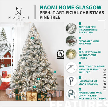 Glasgow 6.5ft Frosted Prelit Artificial Christmas Tree with Pine Cones, Foot Pedal, 1040 Branch