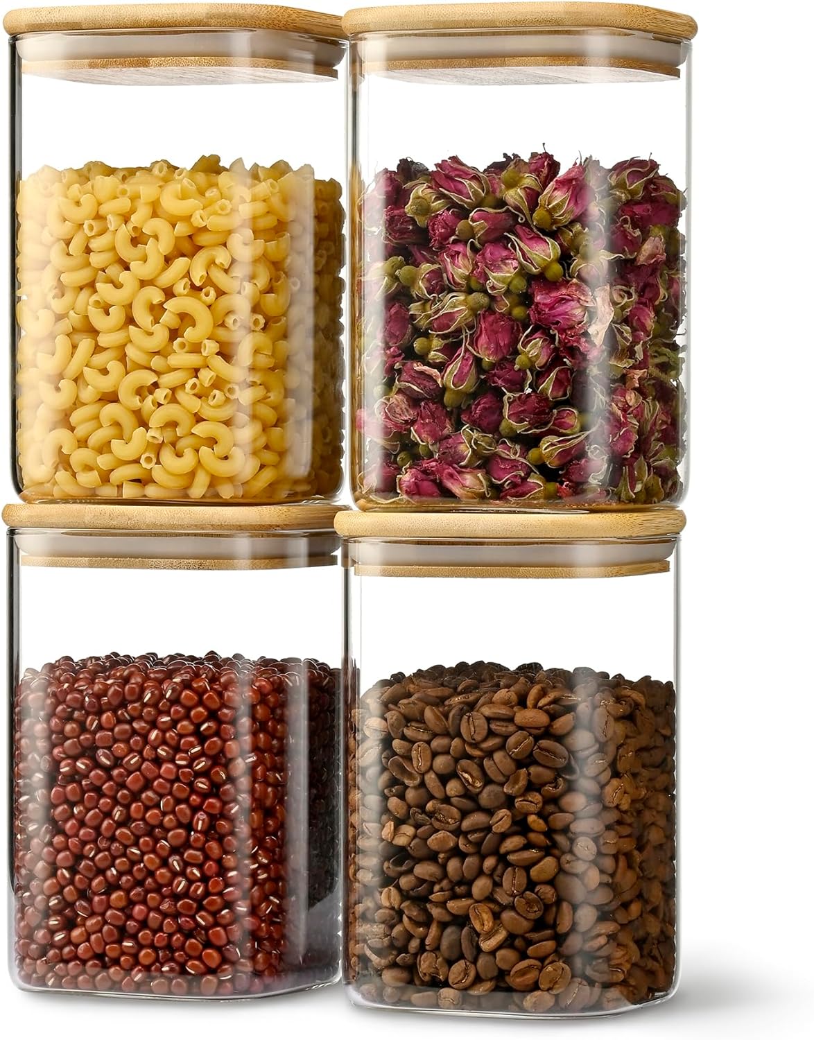 41oz Airtight Glass Square Storage Canister with Bamboo Lid Set of 4 (1200ml) Container Stackable