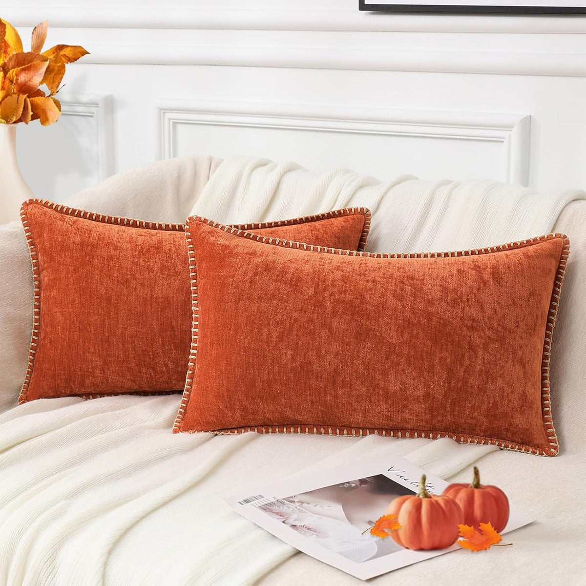 decorUhome Fall Chenille Soft Throw Pillow Covers 12x20 Set of 2, Lumbar Velvet Farmhouse Neutral